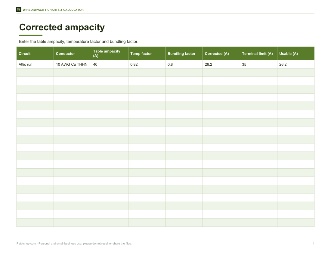 Preview of the first page of Ampacity calculator (XLSX)