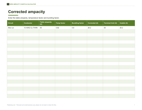 Preview of Printable Ampacity Calculator Sheet